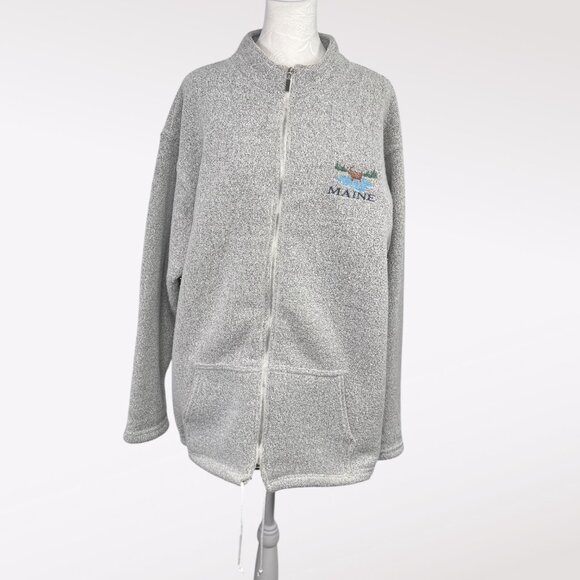 Vintage Full Zip Fleece Jacket Made in USA Gray Maine Moose Embroidery Size Lg - Picture 1 of 9